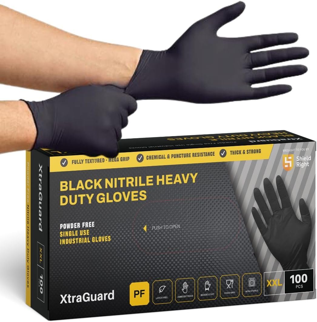 XtraGuard Black Nitrile Gloves - Heavy Duty, 6 Mil, Disposable, Latex & Powder Free, Chemical & Puncture Resistant, Food Safe, Medical Grade