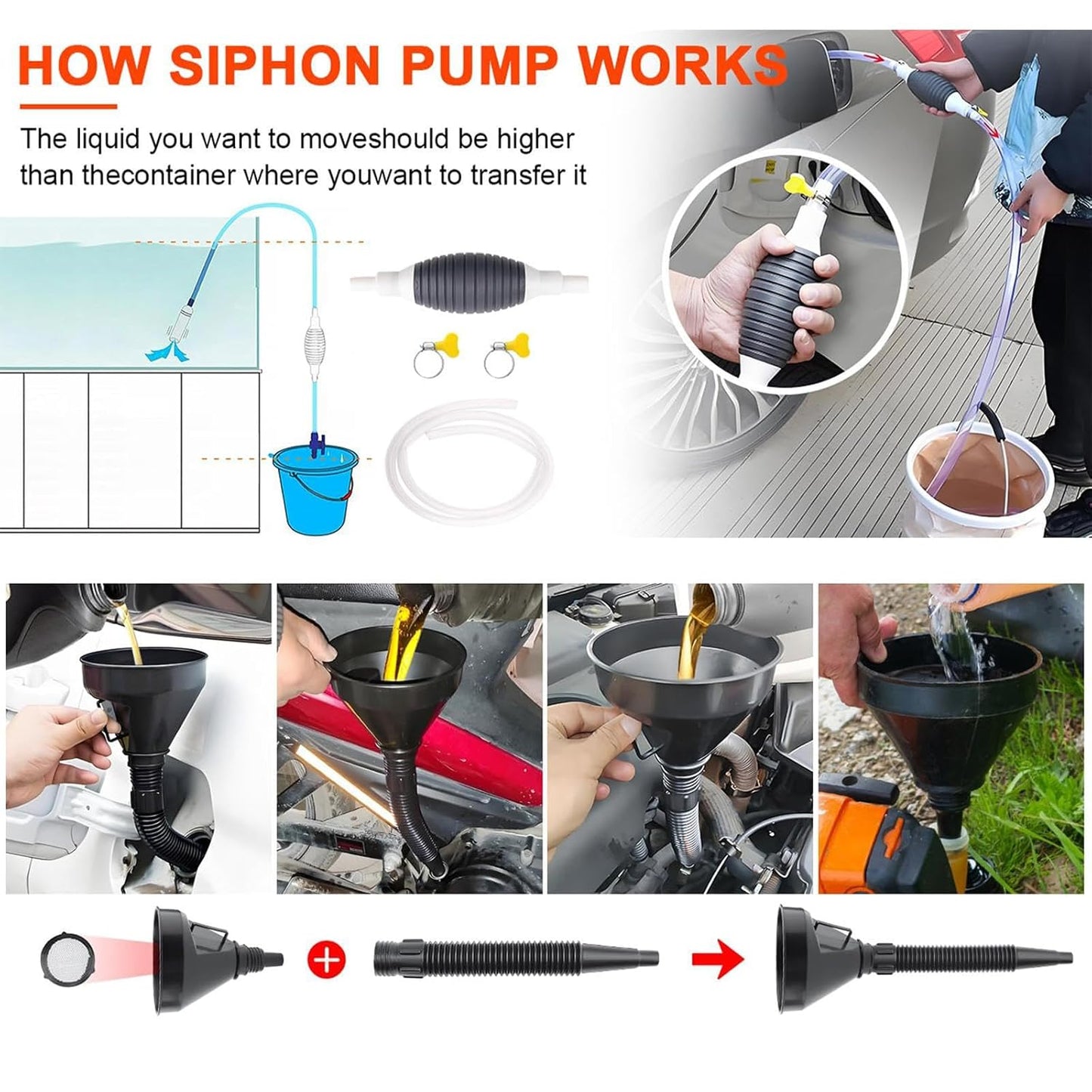 8 Pieces Oil Fuel Funnel Set, Coolant Funnel Kit,Oil Funnel,Gasoline Fuel Funnel,Flexible Plastic Funnel Set, Universal Auto Gasoline with Detachable Hose and Manual Oil Absorber