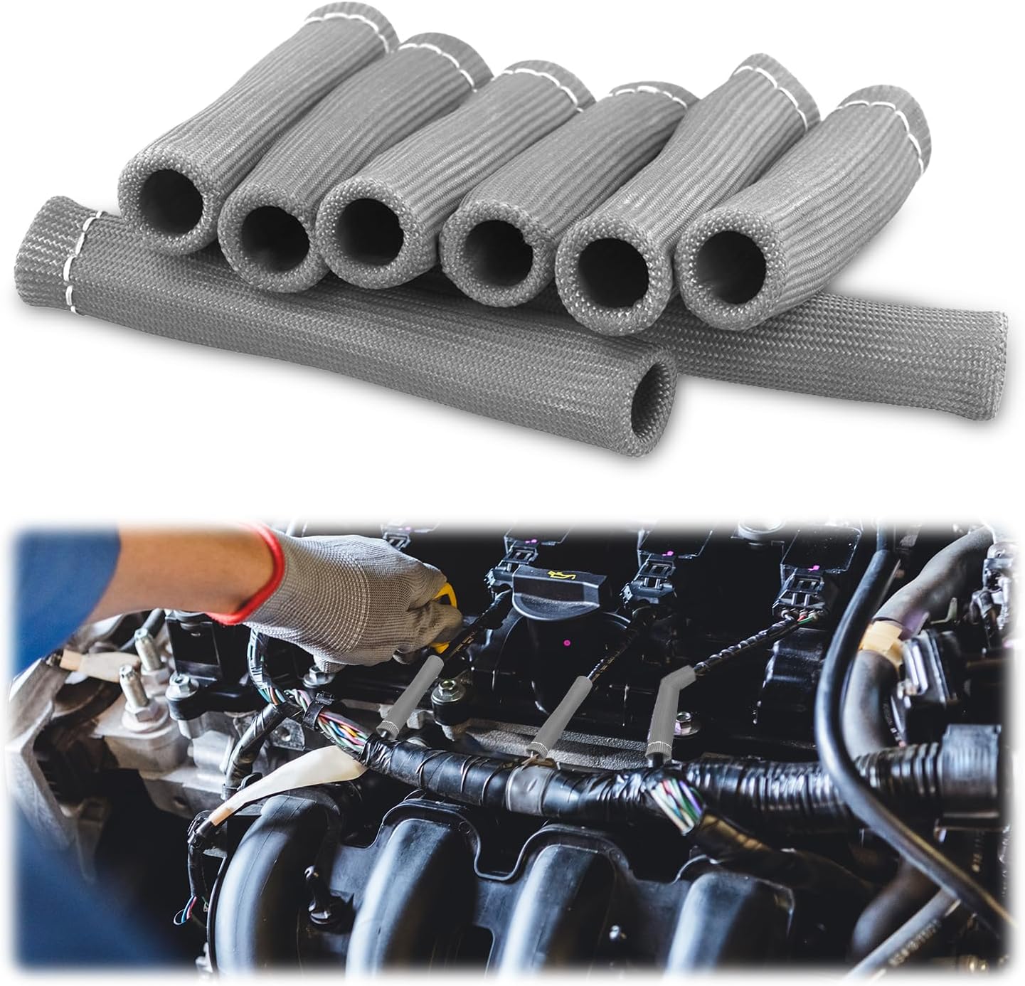 8pcs Spark Plug Wire Heat Shields for Ford Chevrolet, 2500 Degree Spark Plug Wire Shield Protector Boots Thermal Protection Insulator Wrap Sleeve Cover for LS1 / LS2 SBC BBC 350 454(Silver Gray)