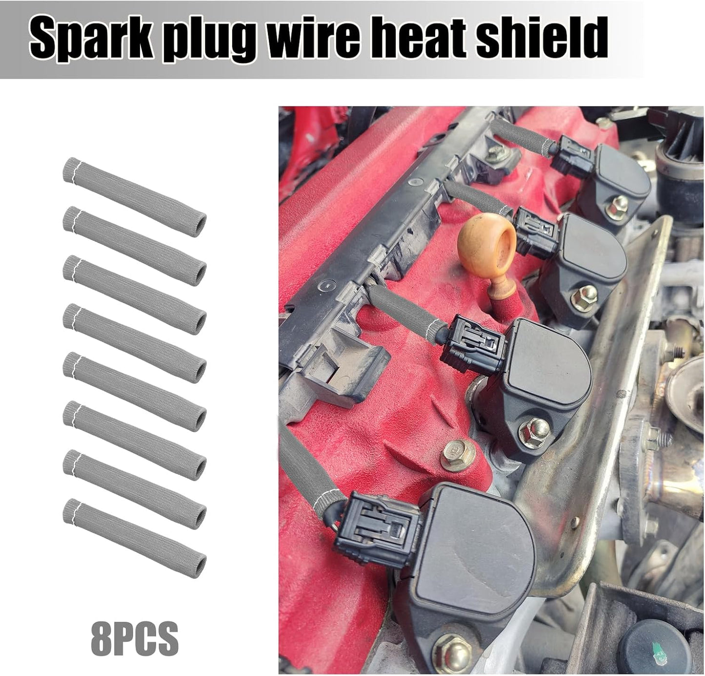 8pcs Spark Plug Wire Heat Shields for Ford Chevrolet, 2500 Degree Spark Plug Wire Shield Protector Boots Thermal Protection Insulator Wrap Sleeve Cover for LS1 / LS2 SBC BBC 350 454(Silver Gray)
